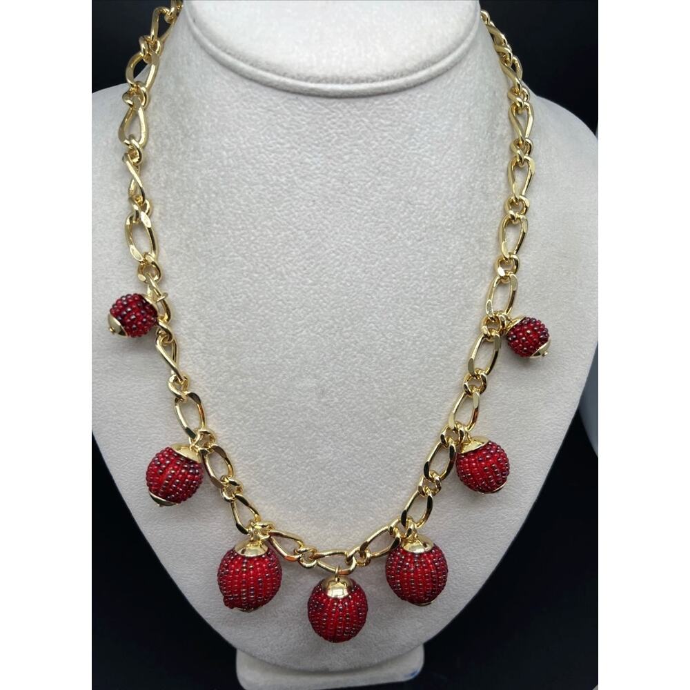 Talbots Ruby Red Beaded Charm Necklace Gold Tone Festive Cocktail Jewelry
